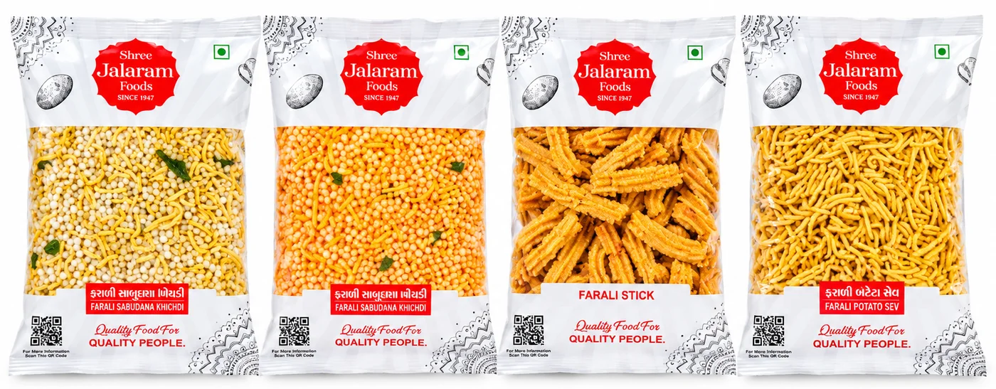Shree Jalaram Foods Farali product range packets